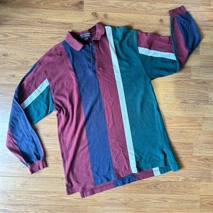 Vintage Men’s 90’s Large Long Sleeved Polo Rugby Shirt Green Burgundy Navy